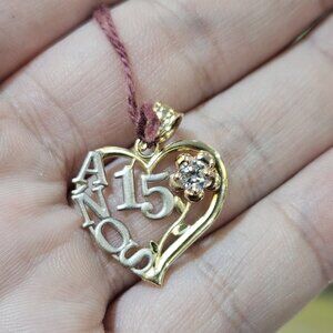 14K Tri Color 3 Tone Quinceanera 15 Anos CZ Heart Flower Pendant Charm